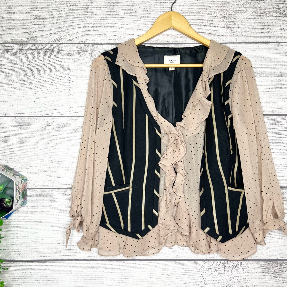 ECI Beige Polka Dot Black & Gold Striped Ruffle Blouse Vest Top Size 12
